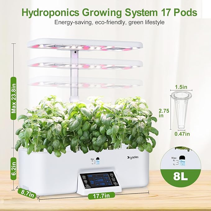 17-Pods Hydroponic Growing System with Dual Fans 24W Full-Spectrum Grow Light & Smart Control Panel for Indoor Gardening for Vegetables Herbs