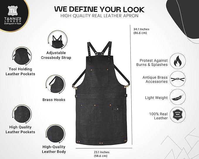 Premium Full Grain Leather Apron, Crossbody Bib Design, Dark Brown, Unisex