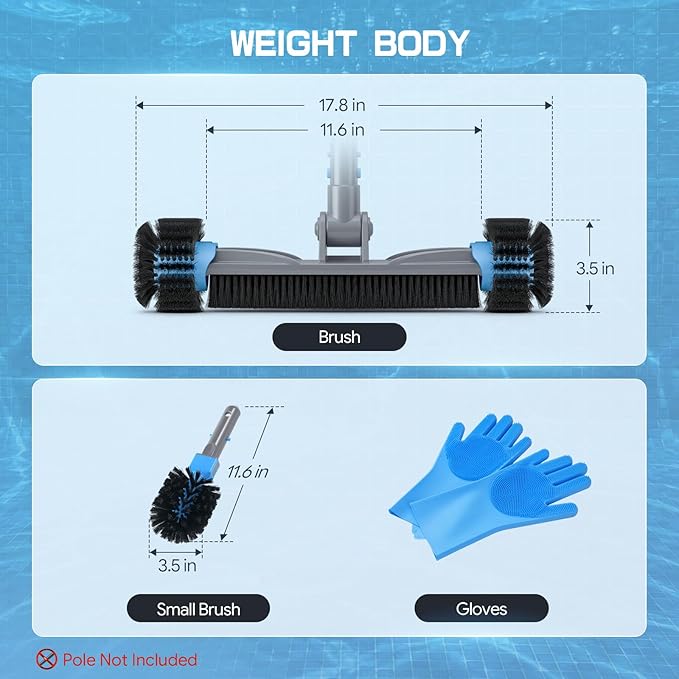 UIRWAY 3-in-1 Deluxe Swimming Pool Cleaning Kit - Includes Pool Brush Head with Detachable Side Round Ends, Small Corner Fence Brush and Gloves for Inground & Above Ground Pools Wall Cleaning(No Pole)