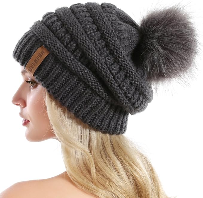 QUEENFUR Women Knit Slouchy Beanie Chunky Baggy Hat with Faux Fur Pompom Winter Soft Warm Ski Cap