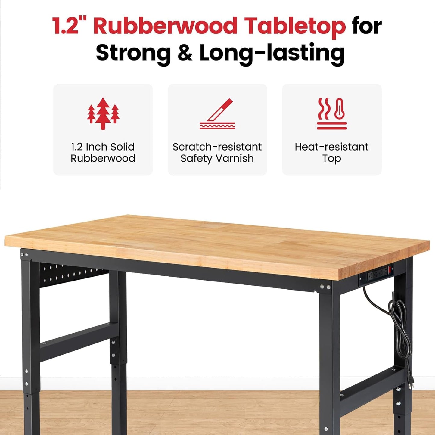 Work Bench for Garage Workbench Adjustable Height Work Table with Pegboard for Shop Woodworking, 60 x 22 Heavy Duty Rubber Wood Top for Office, Home, Commercial