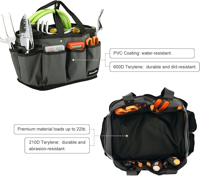 Housolution Gardening Tote Bag, Deluxe Garden Tool Storage Bag and Home Organizer with Pockets, Wear-Resistant & Reusable, 14 Inch, Gray + Black