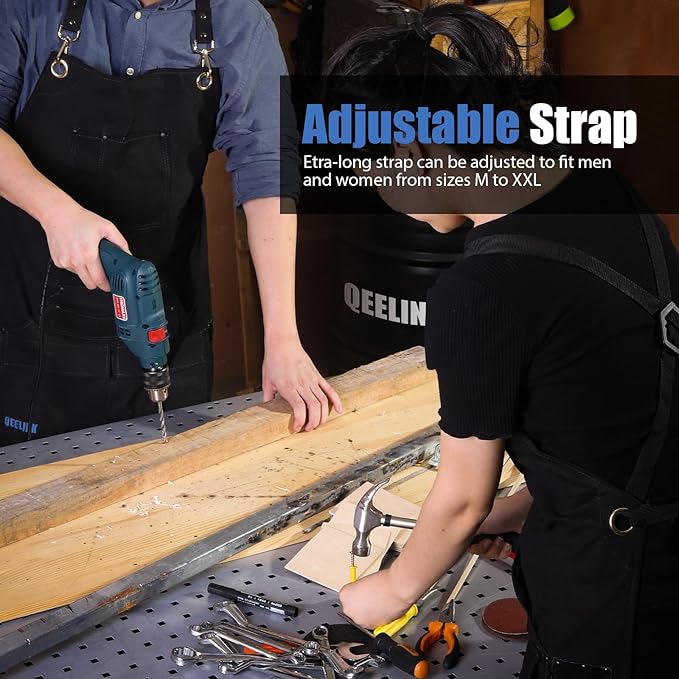 QeeLink Woodworking Shop Apron with 10 Pockets FR Waxed Canvas Work Apron - Flame Retardant - Adjustable M to XXXL for Men & Women, Black