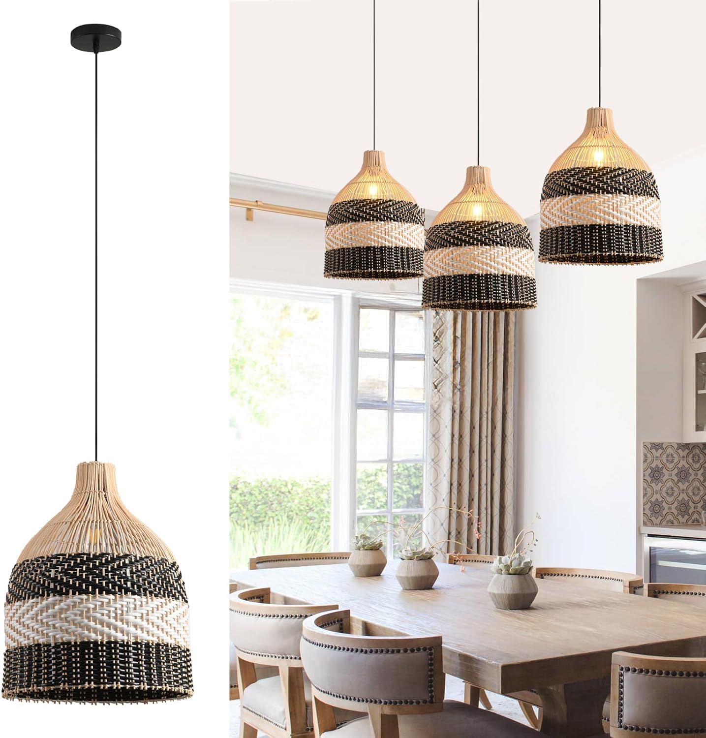 11.8" Rattan Pendant Light 1-Pack Black White Faux Rattan Basket Chandelier Boho Handmade Woven Oval Wicker Hanging Light Fixture for Public Place Dining Living Bedroom Kitchen