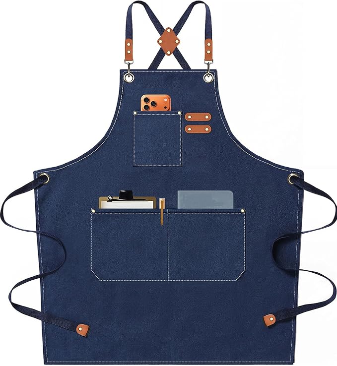 AFUN Chef Aprons for Men Women with Oversized Pockets, 16-Ounce Cotton Canvas Cross Back Heavy Duty Work Apron (Dark Blue)