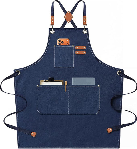 AFUN Chef Aprons for Men Women with Oversized Pockets, 16-Ounce Cotton Canvas Cross Back Heavy Duty Work Apron (Dark Blue)