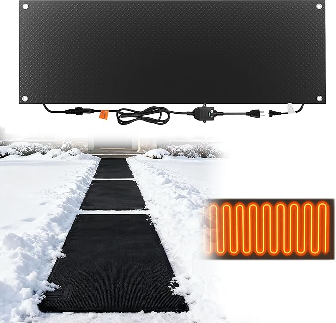 Snow Melting Mats Outdoor 20x60 Inch, Double No-Slip Rubber Heated Driveway Mats for Winter Snow Removal, 2 in/h Ice Melting Mats with Power Cord for Stairs, Walkways, Decks, Roof & Sidewalks,1PC