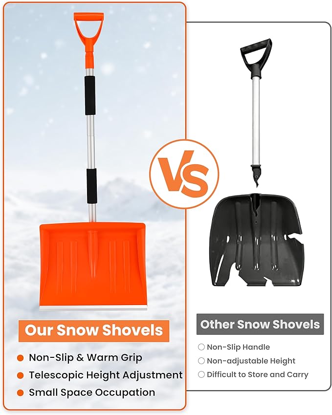 Snow Shovel for Driveway, 43" to 50" Retractable Detachable Lightweight Plastic Snow Shovels with D-Grip Handle, Large Capacity, Ideal for Women & Seniors, Garden/Car/Outdoor Use