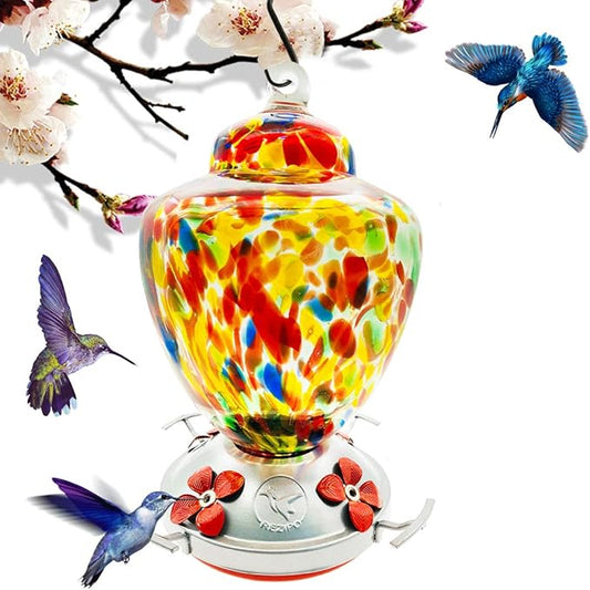 REZIPO Hummingbird Feeder with Perch - Hand Blown Glass - Colored - 38 Fluid Ounces Hummingbird Nectar Capacity Include Hanging Wires and Moat Hook