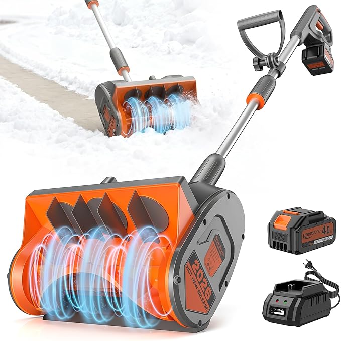 Keenstone 12" Cordless Electric Snow Shovel, Handles 8" Deep Snow, 21V 4.0Ah Battery & Charger, Brushless Motor, Clears 300 lbs/Min, 16 ft Throw, 8 lb Lightweight Snow Blower for Seniors & Homeowners