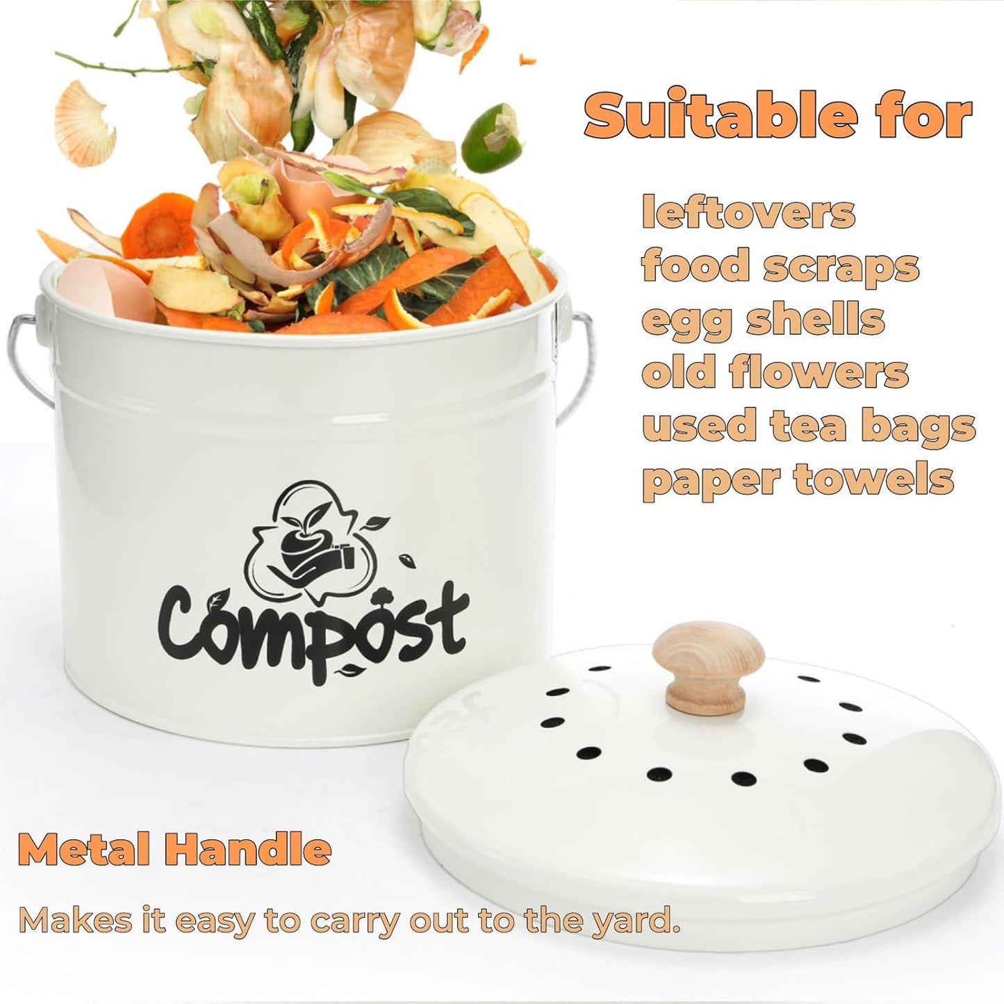 Small Kitchen Compost Bin, 1 Gallon Odorless Composter Container, Food Waste Bucket with Charcoal Filter Lid, Indoor Farmhouse Composting Pail Canister for Trash Scraps, Carrying Handle