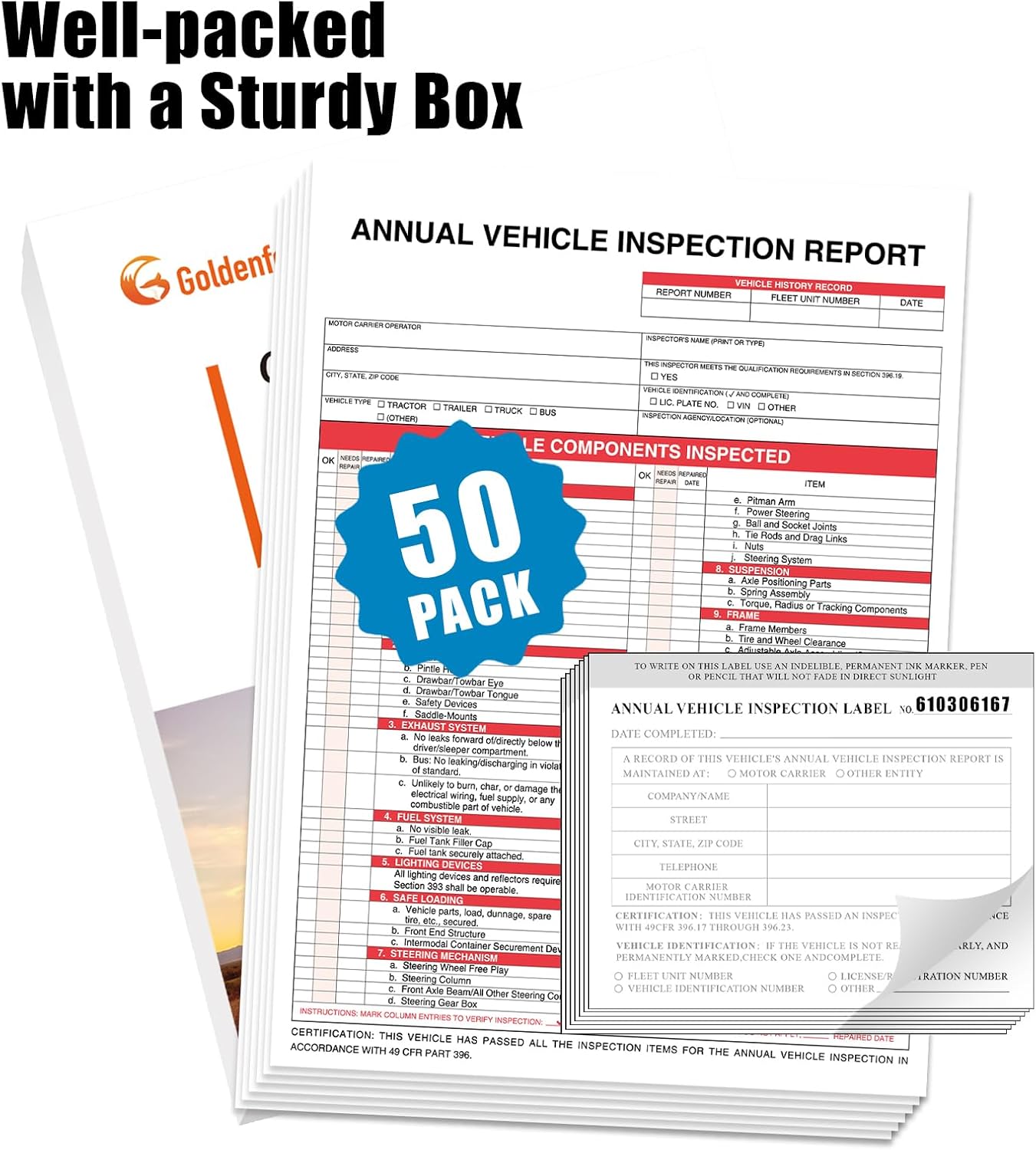 Goldenfox DOT Inspection Forms and Stickers. 50-Pack,3-Ply Carbonless Annual Vehicle Inspection Report (8.5" x 11.75") with 2-Ply Vinyl White Interior fmcsa Annual Inspection Sticker(5"x4")