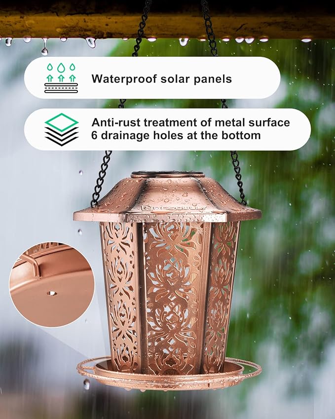 Solar Bird Feeders for Outdoors Hanging - Premium Grade Metal Bird Feeder, Chew-Proof, Weather and Water Resistant Wild Bird feeders, Outside and Garden Decoration-New