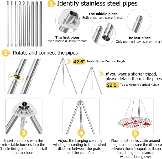 Joyfair Campfire Camping Tripod Grill Grate(17” Dia.), Heavy Duty Stainless Steel Openfire Tripod with Over Firepit Rack Camp Equipment, Adjustable Height Stand for Outdoor BBQ Cooking Grilling
