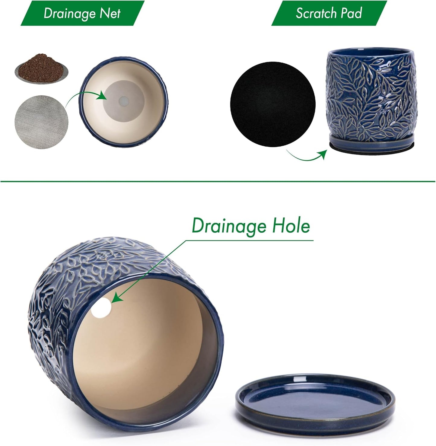 D'vine Dev 5 Inch Embossed Leaves Stoneware Planter Pot with Drainage Hole and Saucer, Midnight Blue, 27-A-V-3