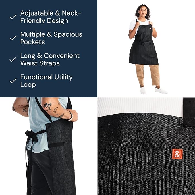 hedley & bennett Crossback Apron - Crossback Chef Apron with Pockets - 100% Cotton Denim, 8oz - Abalone Black