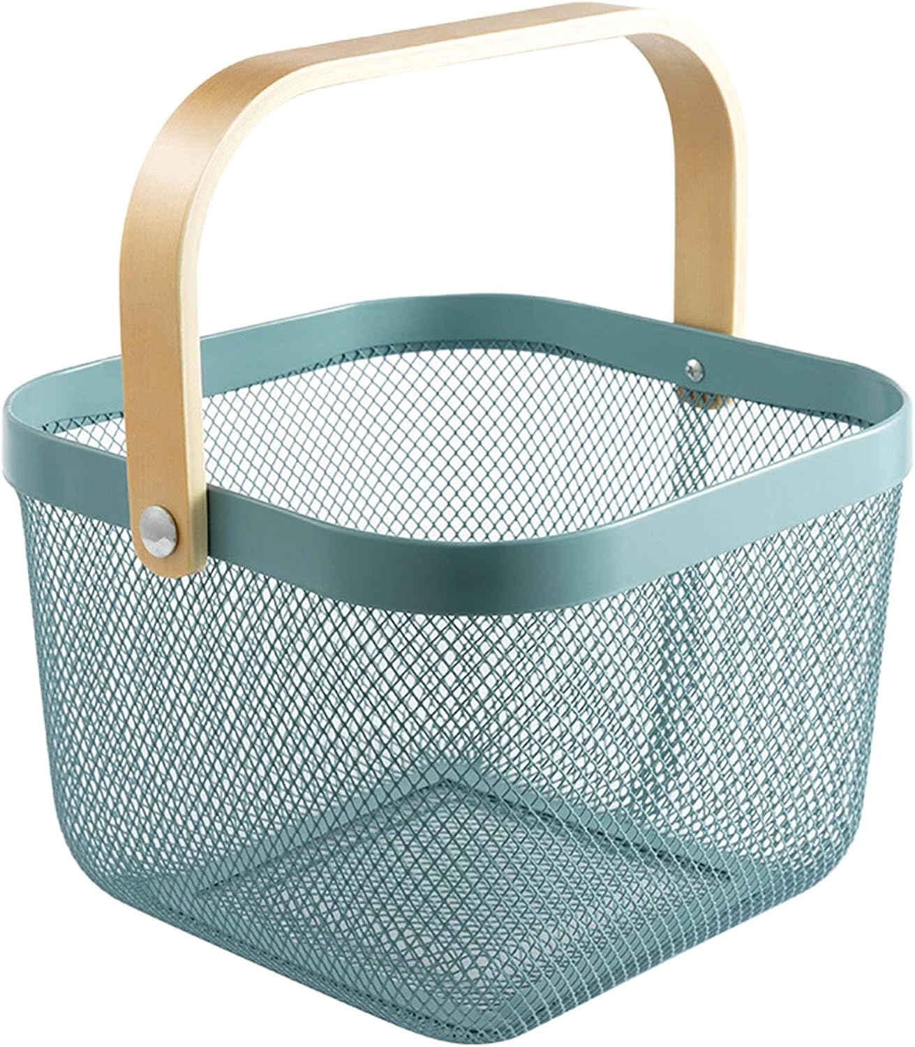Metal Mesh Steel Basket, Storage Organizer Basket Multi-functional Hanging Kitchen Baskets Fruit Basket Bin with Bamboo Handle for Kitchen Bathroom Picnic Shopping Decor Cabinet Home, Blue