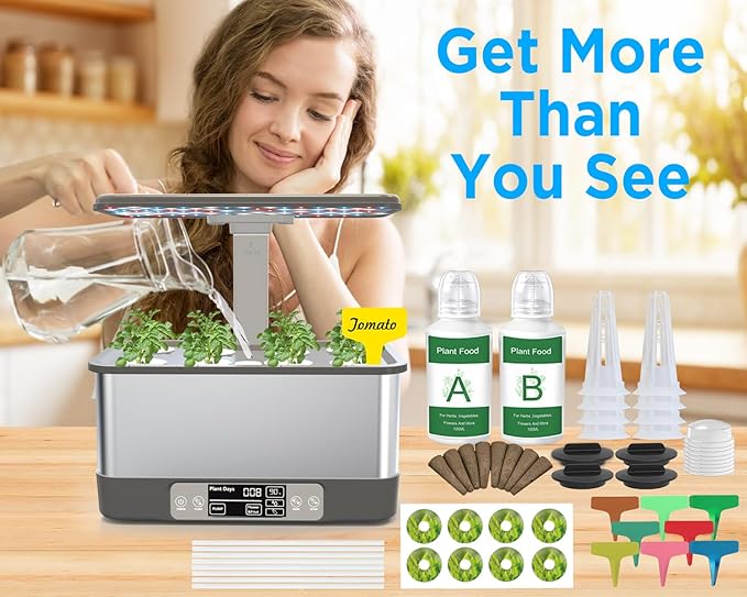 Hydroponics Growing System Indoor Garden, Smart Indoor Herb Garden with Grow Light, in Door Gardening System 8 Pods, APP & WiFi Control, Auto Timer, Quiet Pump, Stainless, Gift for Women Mom, Gray