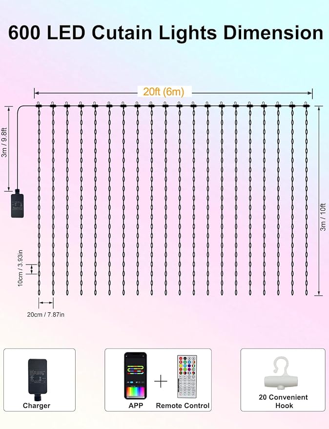 echosari Smart 600 LED Curtain Lights, 20Ft x 10Ft, Compatible with Alexa, App Control, DIY Fairy Lights, Dynamic for Backyard, Home, Wedding, Party Decor - RGB Color Changing IC