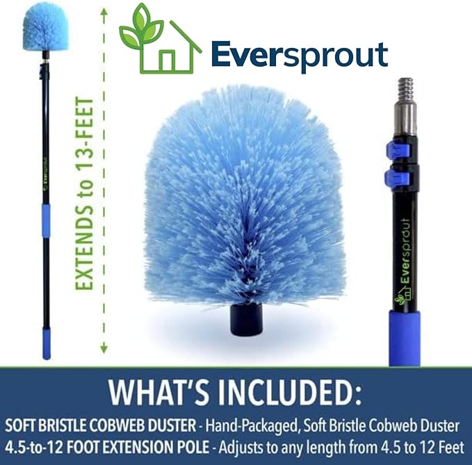 EVERSPROUT 5-to-12 Foot Cobweb Duster and Extension-Pole Combo (20 Foot Reach, Soft Bristles) | Hand Packaged | Lightweight, 3-Stage Aluminum Pole | Indoor & Outdoor Use Brush Attachment