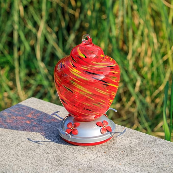 REZIPO Hummingbird Feeder with Perch - Hand Blown Glass - 38 Fluid Ounces Hummingbird Nectar Capacity Include Hanging Wires and Moat Hook (Yellow)