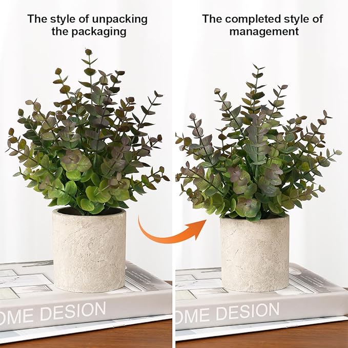 2 Pack Small Fake Plants Christmas Plants Eucalyptus Potted Artificial Plants for Home Indoor Fireplace Mantel Shelf Desk Home Bathroom Farmhouse Room Coffee Christmas Table Decor Xmas Decor (Purple)