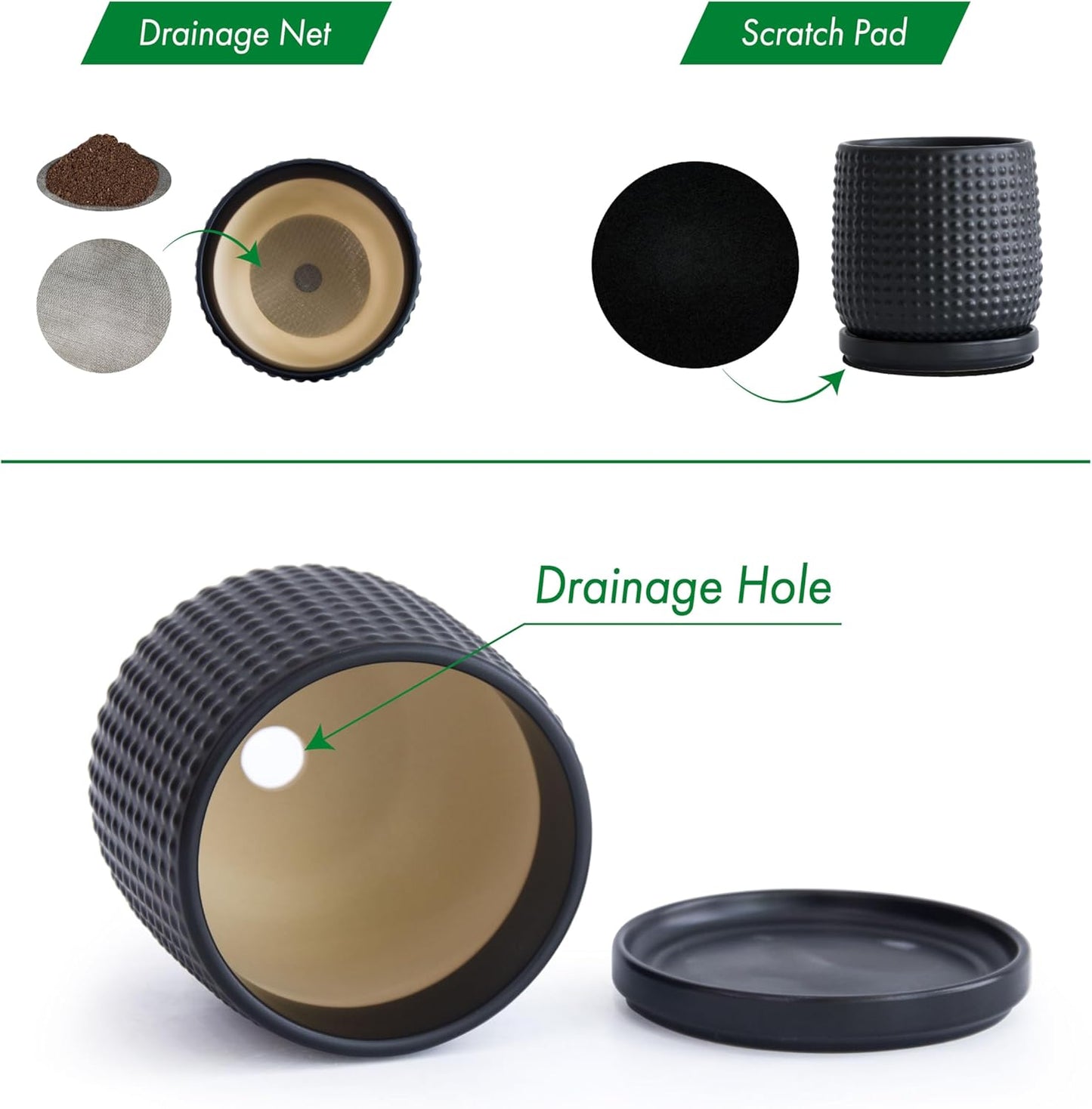 D'vine Dev Set of 2 Ceramic Plants Pots, 4 Inch Beaded Stoneware Flower Pot for Plants with Drainage Hole and Saucer, Ebony Matte, 27-E-Z-6