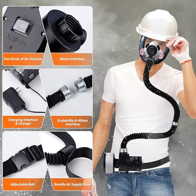 HANUU Reusable PAPR Respirator, Portable PAPR Respirator System with 40mm Activated Carbon Filter, Powered Air Purifying Respirators, Gas Mask for Gases, Dust, Vapors, Chemicals, Paint, Spray