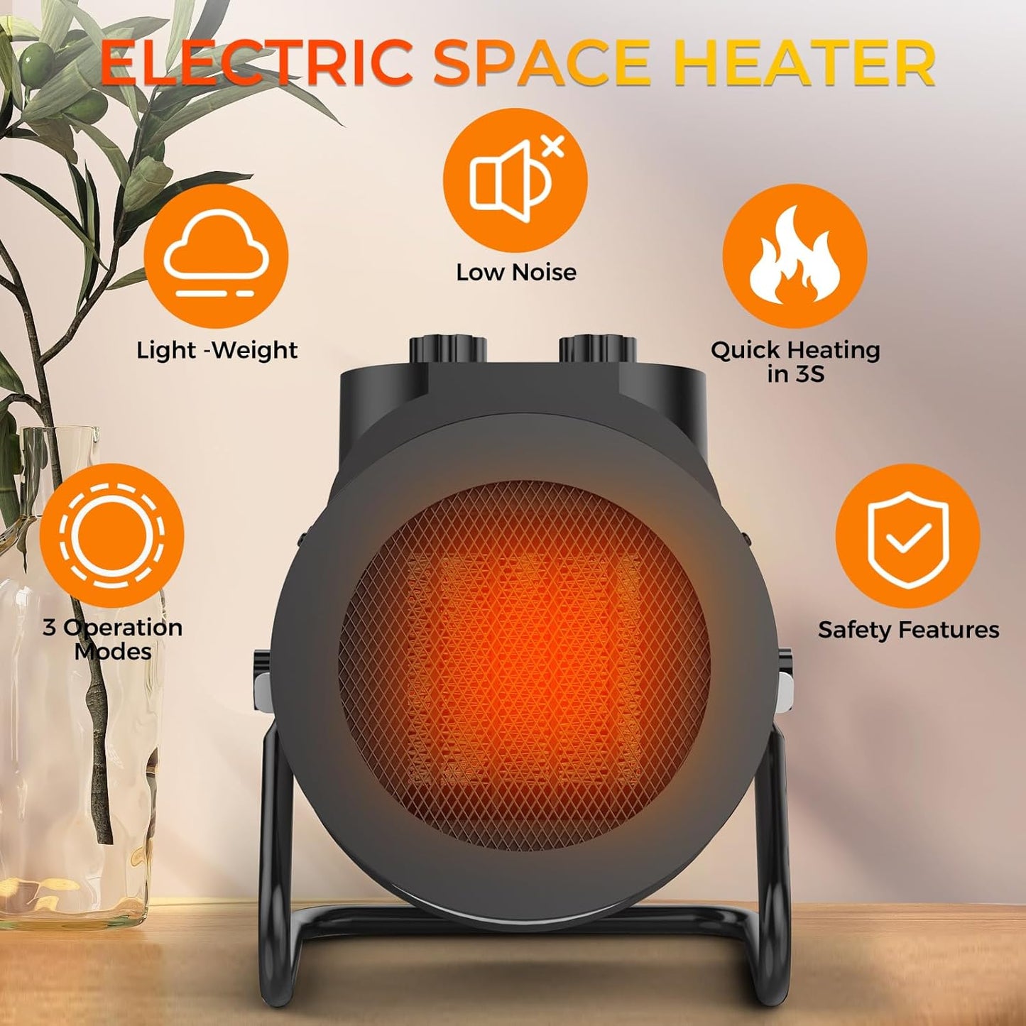 Space Heaters for Indoor Use, 1500W PTC Electric Heater with 90°Adjustable Angle, Fast Safety Heat, Small Portable Heater for Office Home(Silver)