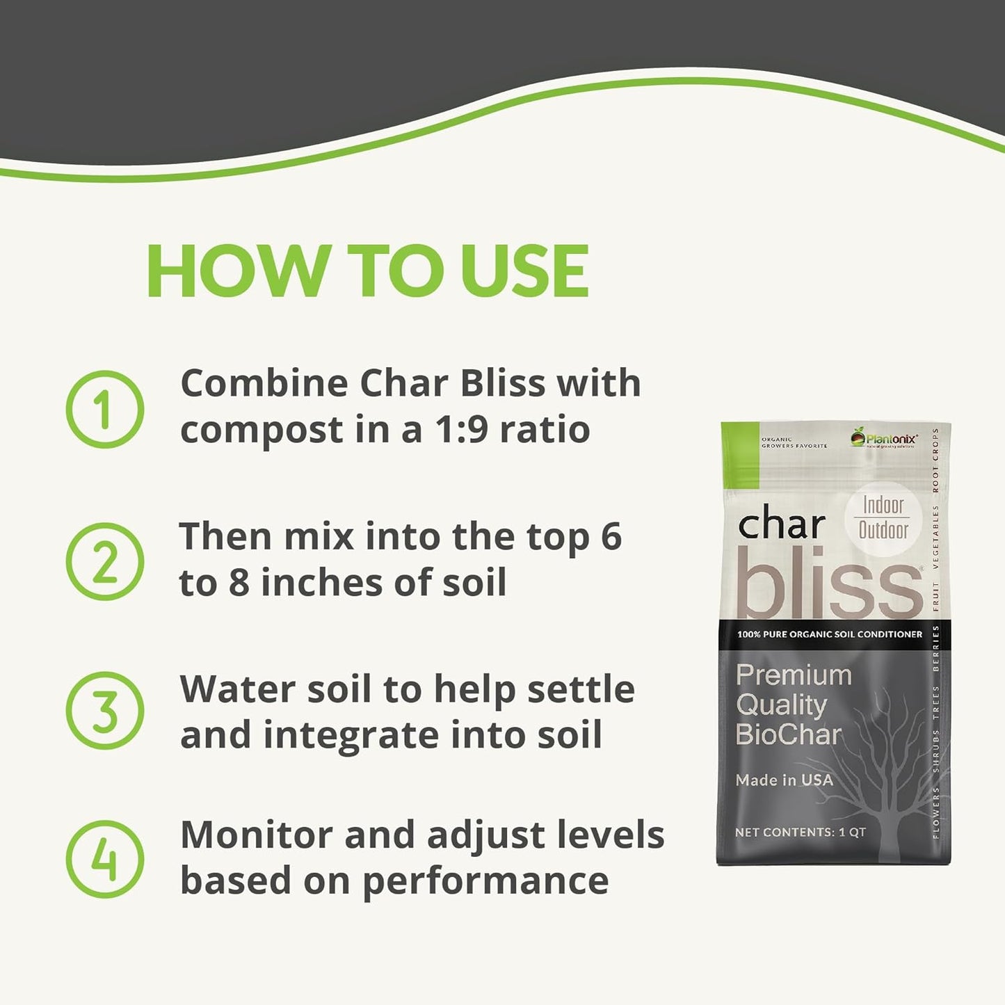 Char Bliss (1 Qt) - Organic Biochar for Plants - OMRI-Listed Biochar Soil Amendment Organic - Horticultural Charcoal for Plants, Gardening, & Potting Soil - 100% Natural and Renewable Bio Char