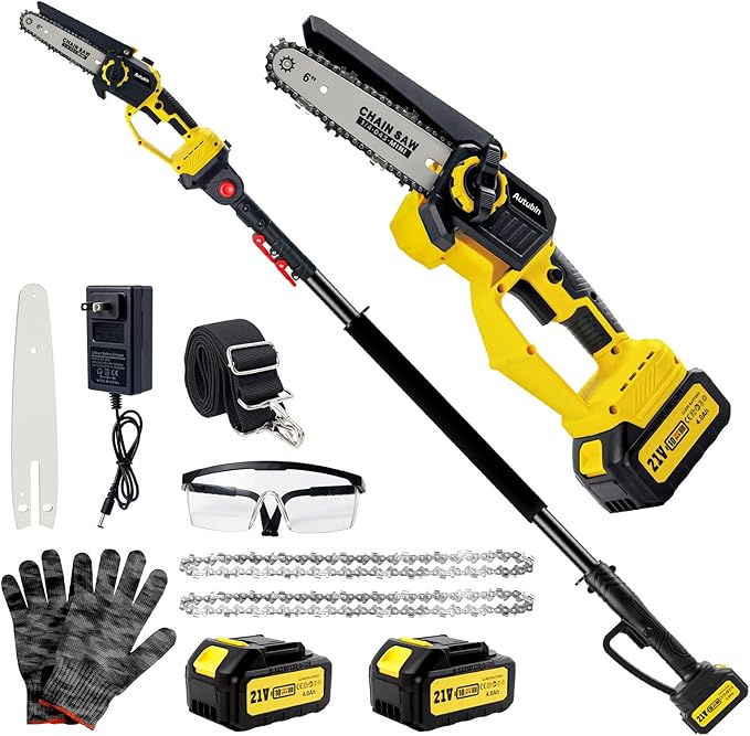 2-in-1 Electric Pole Saw for Tree Trimming,1200W Brushless Cordless Pole Saw & 6 Inch Mini Chainsaw with 2 x 4.0Ah 21V Batteries,16 FT Max Reach & Multi-Angle, Tree Trimmer for Branch Cutting.