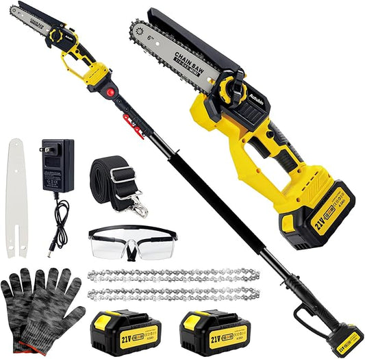 2-in-1 Electric Pole Saw for Tree Trimming,1200W Brushless Cordless Pole Saw & 6 Inch Mini Chainsaw with 2 x 4.0Ah 21V Batteries,16 FT Max Reach & Multi-Angle, Tree Trimmer for Branch Cutting.