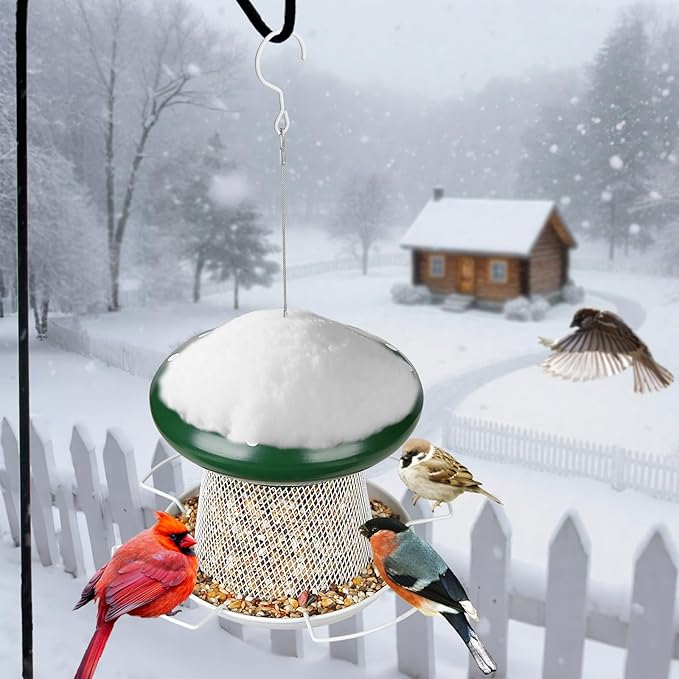 Bird Feeder, Heavy Duty Metal Bird Feeders for Outdoor Hanging, Cute Mushroom Shape Wild Birdfeeder for Outside Garden Yard (Green)