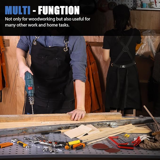 QeeLink Woodworking Shop Apron with 10 Pockets FR Waxed Canvas Work Apron - Flame Retardant - Adjustable M to XXXL for Men & Women, Black