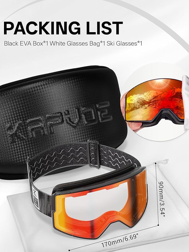 KAPVOE Ski Goggles Photochromic & Color Anti-fog UV400 Protection OTG Snowboard goggles Suitable for Men Women K722