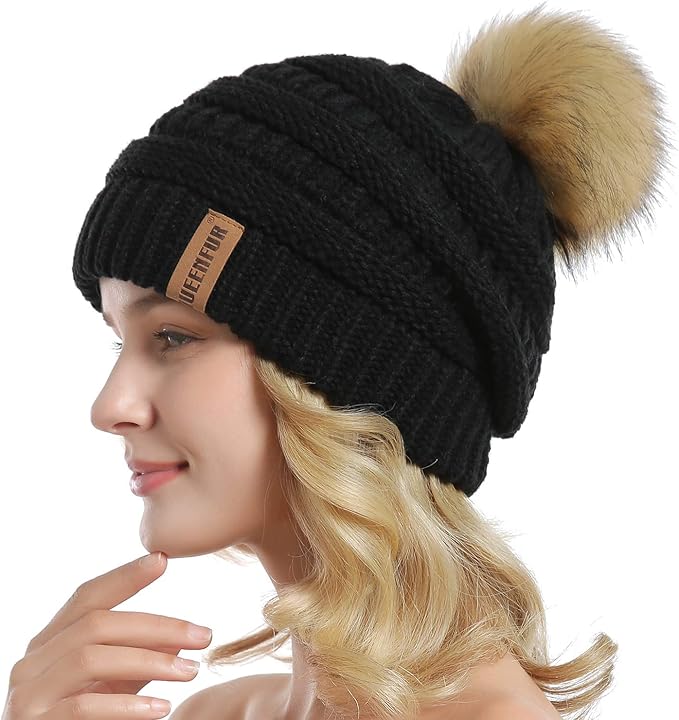 QUEENFUR Women Knit Slouchy Beanie Chunky Baggy Hat with Faux Fur Pompom Winter Soft Warm Ski Cap