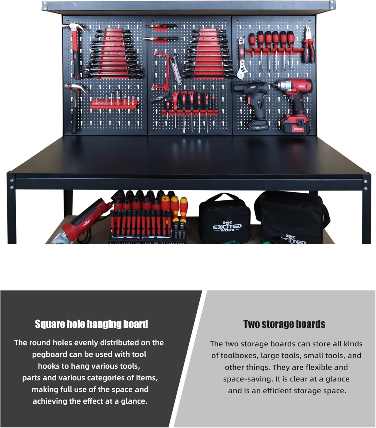 48inch Workbench with Peg Board, Multipurpose Tool Organizer and Work Bench with Double Storage Platform, Workbench in Garage Workshop (48" x 24" x 61")