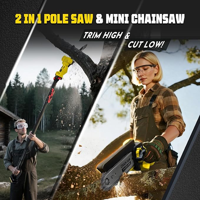 2-in-1 Electric Pole Saws for Tree Trimming, 1200W Brushless Cordless Pole Saw & 6 Inch Mini Chainsaw,16 Ft Max Reach & Multi-Angle, Tree Trimmer Branch Cutter Limb Pruner with 2 Batteries
