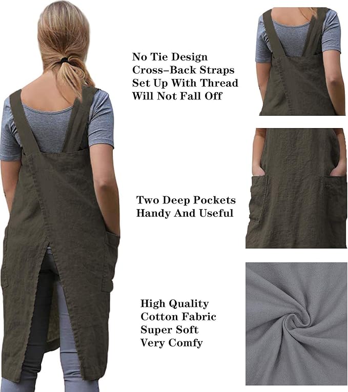 WROLEM Women's Practical Cross Back Pinafore Apron with Large Pockets Home Kitchen,Restaurant,Coffee House,Cooking,Gardening