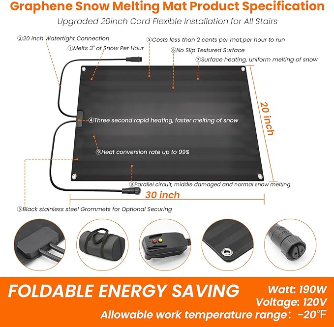 Graphene Snow Melting Mats for Stairs,Non-Slip Rubber Heated Walkway Mat,Fast Ice Melt 3 in/h,Safe & Energy Saving with Extended 50cm Cord,20"x30" with 1 Plug 3pcs