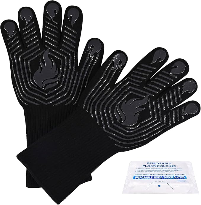 BBQ Gloves, 1472°F Heat Resistant Gloves Fireproof Mitts, Grilling Gloves Silicone Non-Slip Washable Oven Glove, Kitchen Glove for Barbecue, Grilling, Cooking, Baking, Camping, Smoker (Black)