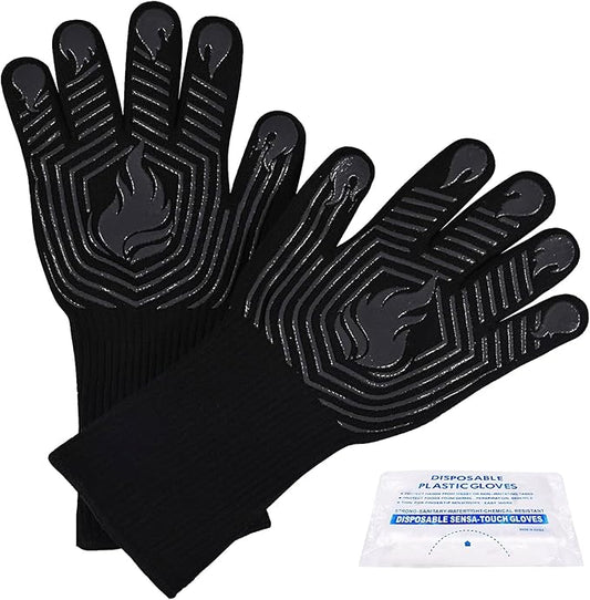 BBQ Gloves, 1472°F Heat Resistant Gloves Fireproof Mitts, Grilling Gloves Silicone Non-Slip Washable Oven Glove, Kitchen Glove for Barbecue, Grilling, Cooking, Baking, Camping, Smoker (Black)