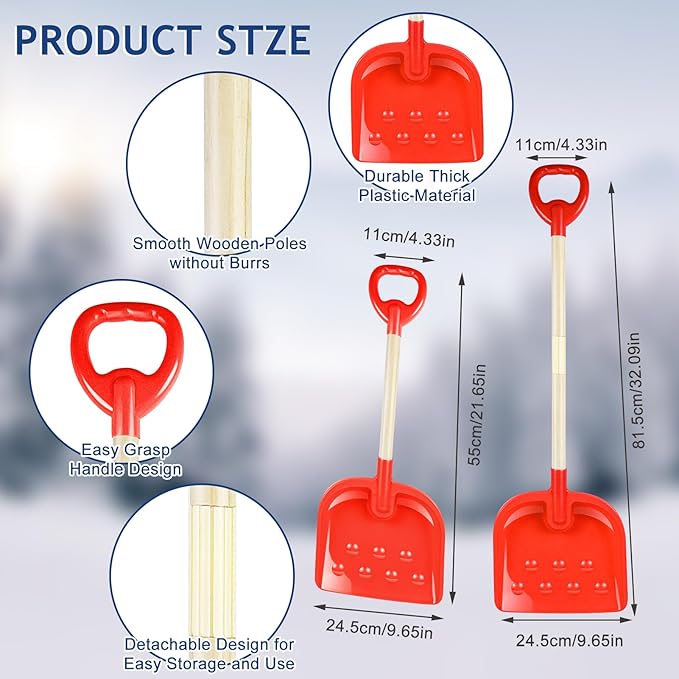 1Pcs Kids Snow Shovel Detachable Toddler Snow Shovels 22"-32" Small Wooden Snow Shovels with Scoop and D-Grip Handle Plastic Child Snow Shovel Red Winter Shovel for Outdoor Yard Garden Activities
