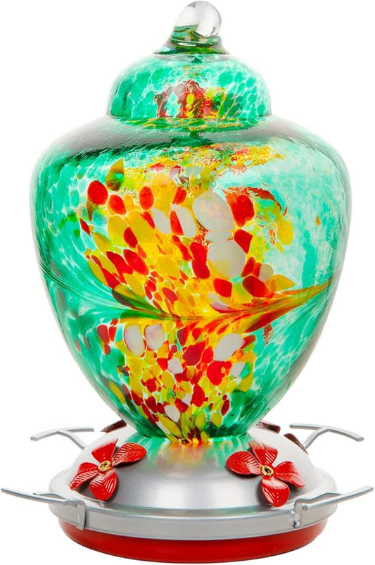 REZIPO Hummingbird Feeder with Perch - Hand Blown Glass - 38 Fluid Ounces Hummingbird Nectar Capacity Include Hanging Wires and Moat Hook (Green)
