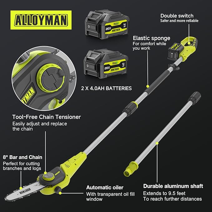 Alloyman 20V Cordless Pole Saw 8-inch, 15 Ft MAX Reach Electric Pole Saw for Tree Trimming, Tree Trimmer for Pruning Branches，with 2 * 4.0Ah Batteries & Charger, 2*Chains