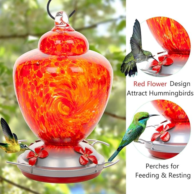 REZIPO Hummingbird Feeder with Perch - Hand Blown Glass - Red - 38 Fluid Ounces Hummingbird Nectar Capacity Include Hanging Wires and Moat Hook