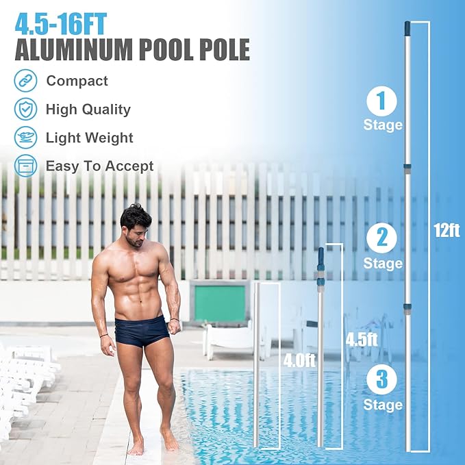 Professional 16 Foot Telescopic Aluminum Swimming Pool Pole - Attach Connect Skimmer Nets, Rakes, Brushes, Vacuum Heads Cleaning