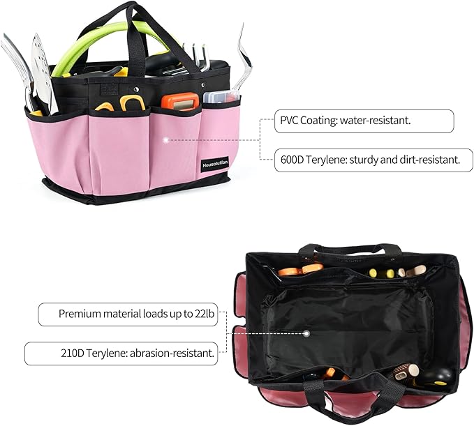 Housolution Gardening Tote Bag, Deluxe Garden Tool Storage Bag and Home Organizer with Pockets, Wear-Resistant & Reusable, 14 Inch, Pink