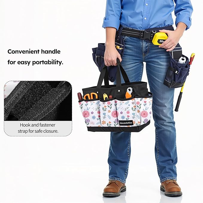 Housolution Gardening Tote Bag, Deluxe Garden Tool Storage Bag and Home Organizer with Pockets, Wear-Resistant & Reusable, 14 Inch, White Floral