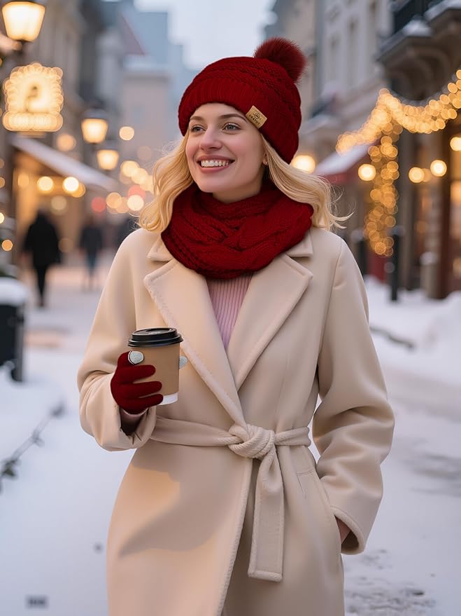 URATOT 4-In-1 Winter Warm Sets Knitted Scarf Touch Screen Gloves Beanie Pompom Hat and Winter Ear Warmer for Men or Women